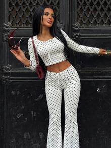 VIBEWAVE White Polka Dot Bowknot Short Long Sleeve Top & High Waist Drawstring Flared Pants 2 Pieces Set Women American Hot Girl Retro Style Spring Autumn - White - View 6