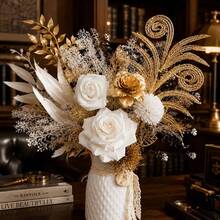Autumn White & Gold Mixed Floral Artificial Bouquet, Gold Peony/Manta Rose Mixed Color Combination, 10pcs Set, Living Room, Bedroom, Study, Patio Atmosphere Decoration, Holiday Gift (Vase Not Included) - Gold - View 5