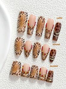 10pcs Kuku Tempel Buatan Tangan Motif Leopard, Set Seni Kuku Polygel, Motif Leopard, Rhinestone Warna-warni, Skema Warna Cokelat & Hitam, Gaya Keren, Termasuk Alat Kuku, Tersedia 3 Ukuran, Bentuk Almond/Bebek/Peti, Cocok Untuk Pesta, Dansa, dan Pemakaian Sehari-hari - MultiWarna - View 1