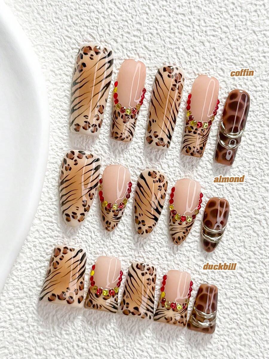 10pcs Kuku Tempel Buatan Tangan Motif Leopard, Set Seni Kuku Polygel, Motif Leopard, Rhinestone Warna-warni, Skema Warna Cokelat & Hitam, Gaya Keren, Termasuk Alat Kuku, Tersedia 3 Ukuran, Bentuk Almond/Bebek/Peti, Cocok Untuk Pesta, Dansa, dan Pemakaian Sehari-hari - MultiWarna - View 1
