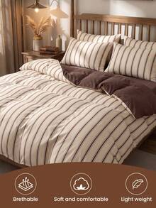 2/3pcs Brown Striped Print Duvet Cover Set, Bedding Set, Comfortable & Breathable, Lightweight, Anti-Pilling/Machine Washable, Room Decor, Bedroom Decor, Dorm Bedding, Suitable For All Seasons, Fits Single/Double/Queen/King Size Bed, Autumn Home Decor, No Filling, Home Decor - Multicolor - View 6