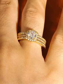 3pcs Fashion Elegant 18K Gold Plated Square Cubic Stackable Rings Set, Stacked Wear Luxury Style Jewelry Designed For Women, Suitable For Women's Daily/Party/Wedding/Date Wear, First Choice For Holiday Gift - Gold - View 5