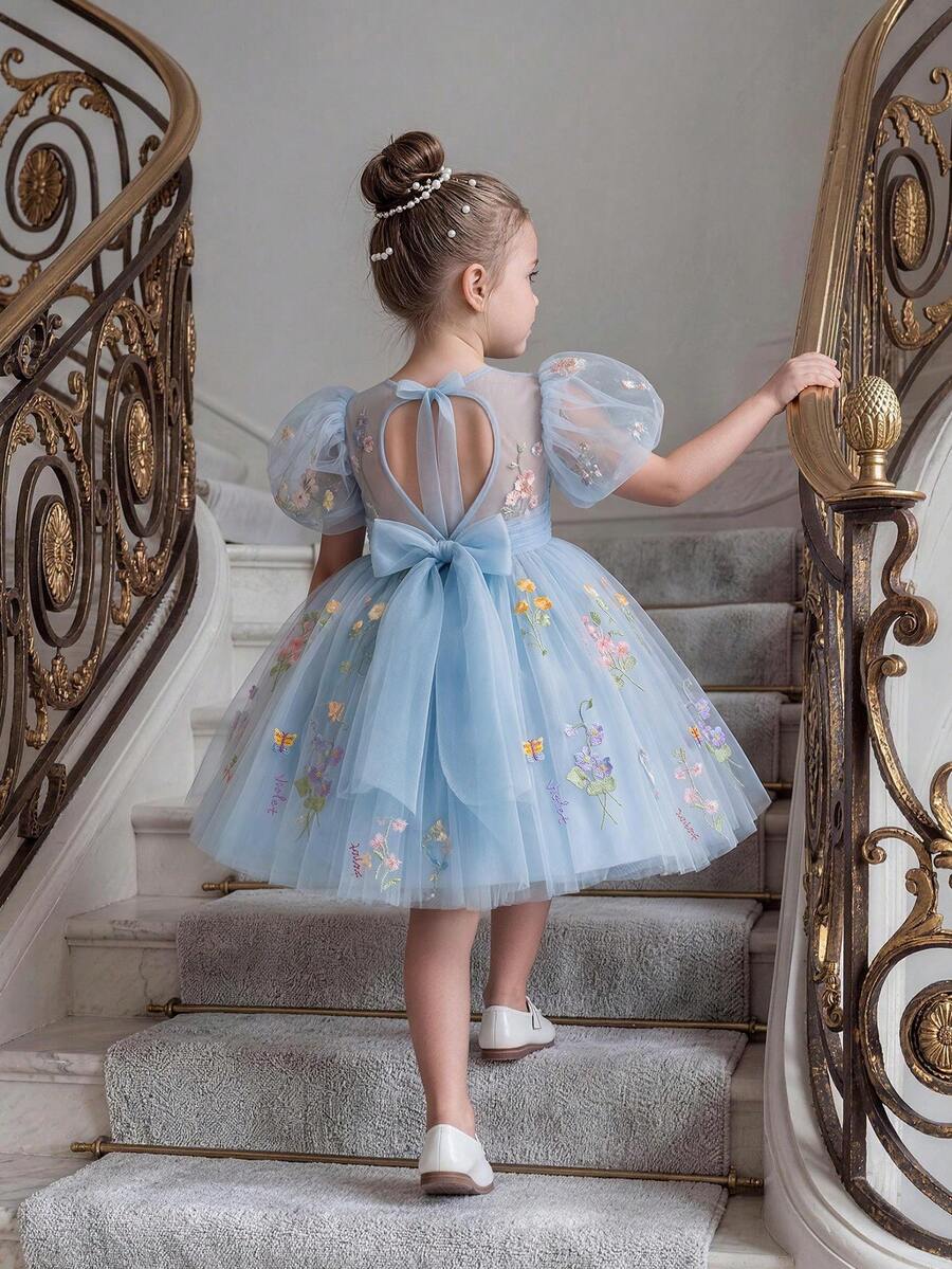Young Girls Embroidered Petal Sleeve Hollow Back Mesh Princess Dress, Suitable For Girls Birthday Party, Flower Girl Wedding Dress - Baby Blue - View 1