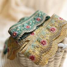 1/5碼 5.5公分寬刺繡亮片蕾絲飾邊－鮮黃、綠、白多色花卉圖案－適用於DIY帽子飾帶、領帶、窗簾裝飾及手工縫製項目 - 多色E - 查看 5