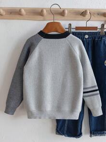 Boys' Preppy Contrast Color Embroidered Puppy Crew Neck Knit Pullover Sweater, Suitable For School Daily Wear In Spring, Autumn And Winter - Grey - View 2