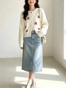 Cherry Embroidered Soft Knit Cardigan Sweater, New Loose Fit Slimming Versatile Knitwear For Women - White - View 2