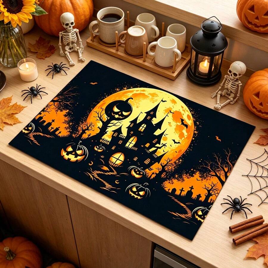 1pc Absorbent Drying Mat, Coffee Machine Mat, Halloween Pumpkin Castle Moon Night Design, Non-Slip Tabletop Protection, Suitable For Plates And Kitchen Utensils, Fits Holiday Table Decor, Applicable For Kitchen Counter, Bar And Dining Scenes, Quick Drying For Tableware, Multi-Purpose Drainage Mat, Home Gift, Tabletop Decoration