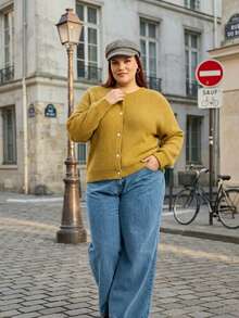Plus Size Women's Solid Color Casual Versatile Daily Cardigan - Yellow - View 5
