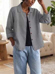 Women's Casual Solid Color Button Front Lightweight Jackets Spring - Light Grey - View 2