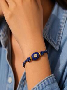 1 Peça Pulseira Ajustável Trançada com Pingente Oval de Pedra Azul Estilo Boêmio para Uso Diário - Multicolorido - Visão 5