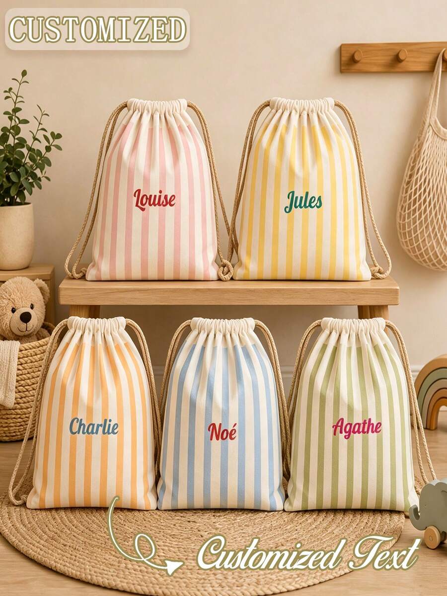 Personalized Striped Drawstring Backpack Custom Name Canvas Sack Bag Portable Storage Sack For School Gym Swimming Gift - Multicolor - View 1