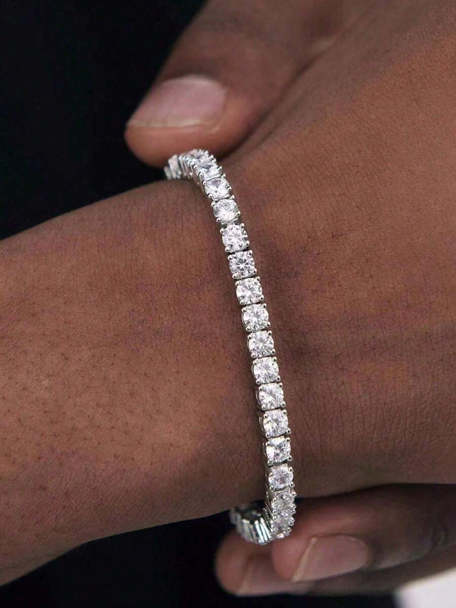 1pc Minimalist Fashion Copper Zirconia Round Tennis Bracelet, Suitable For Men And Women Daily Wear - Silver - View 1