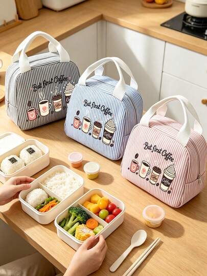 Striped Lunch Bag Featuring Coffee-Themed Patterns And Lettering.Reusable Insulated Lunch Box, Large Capacity Thermal Bag, Comes With Black Utensil Storage Bag, Snack Storage Bag, Multi-Functional Travel Storage Bag, Makeup Bag, Toiletry Bag, Suitable For School, Commute, Dorm, Picnic, Vacation, Birthday Gift, Halloween Christmas Gift