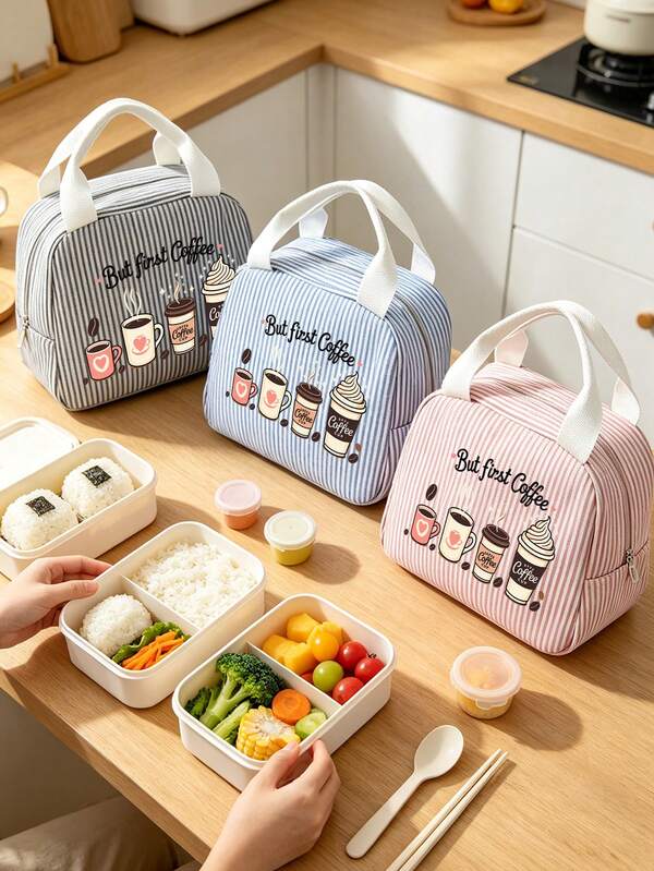 Striped Lunch Bag Featuring Coffee-Themed Patterns And Lettering.Reusable Insulated Lunch Box, Large Capacity Thermal Bag, Comes With Black Utensil Storage Bag, Snack Storage Bag, Multi-Functional Travel Storage Bag, Makeup Bag, Toiletry Bag, Suitable For School, Commute, Dorm, Picnic, Vacation, Birthday Gift, Halloween Christmas Gift