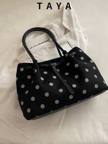 Women's Vintage Polka Dot Print Tote Bag, Large Capacity Casual Handbag, Suitable For Work, Shopping And Daily Use - Black - View 1