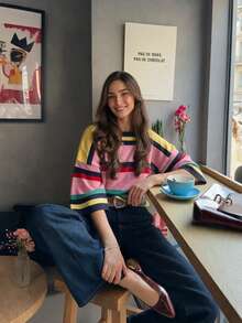 Women's New Autumn Colorblock Striped Knit Top, Casual Daily Commute, Preppy Style - Yellow and Pink - View 2