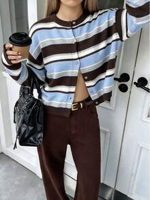 Áo cardigan nữ phối màu phong cách thường ngày đa năng mặc hằng ngày - Nâu đậm phối xanh nhạt - Xem 5