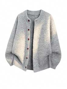 Cardigan Rajut Leher Bulat Pria dengan Blok Warna Benang Campuran, Jaket Sweater Kasual Longgar dengan Bahu Jatuh dan Kancing, Musim Semi/Gugur - Light Grey - View 2
