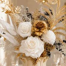 Autumn White & Gold Mixed Floral Artificial Bouquet, Gold Peony/Manta Rose Mixed Color Combination, 10pcs Set, Living Room, Bedroom, Study, Patio Atmosphere Decoration, Holiday Gift (Vase Not Included) - Gold - View 6