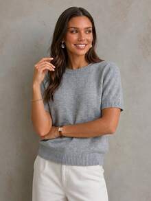 Women's Fall Winter Y2K Solid Color Short Sleeve Wool Blend Knit Top, Casual Crew Neck Sweater Pullover, Daily Commute, Women's Solid Color Top - Light Grey - View 2