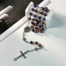 手工製作復古風藍綠配色珠飾天主教玫瑰念珠項鍊，附十字架吊墜，手工珠寶，適合全年配戴，靈性飾品 - 紫橙 - 查看 4
