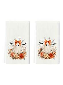 2pcs/4pcs Cute Halloween Ghost Kitchen Towel Set, Orange Bow Ghost & Autumn Floral Print, White Microfiber Absorbent Hand Towels, Bathroom Decor Holiday Gift - Multicolor - View 4