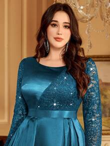 Sequin Lace Colorblock Satin Ruffle Hem Elegant Ball Gown, Formal Dress For Prom, Valentine's Day, Wedding Guest, Birthday, Homecoming, Formal Occasion, Holiday - Dusty Blue - View 9