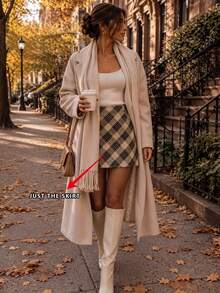 Women's Preppy Brown Plaid Mini Skirt, High Waist Diagonal Plaid Wool Blend A-Line Skirt, Suitable For Autumn Campus Daily Wear - Brown - View 1