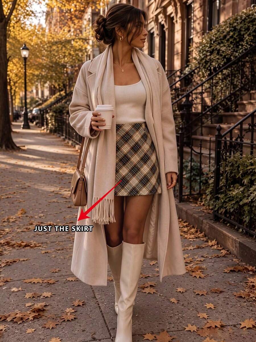 Women's Preppy Brown Plaid Mini Skirt, High Waist Diagonal Plaid Wool Blend A-Line Skirt, Suitable For Autumn Campus Daily Wear - Brown - View 1