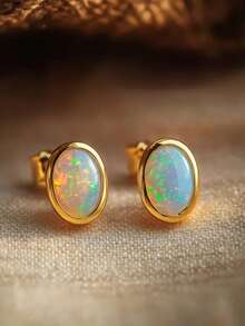 Tsnamer Minimalist Oval Opal Stud Earrings, White Opal Gemstone, Simple Geometric Jewelry, Fire Opal Mother's Day Gift - Yellow Gold - View 5