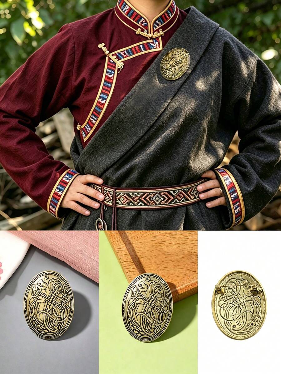 1pc Vintage Oval Brooch With Classical Pattern, Distressed Craftsmanship, Delicate Twisted Floral Design With Exotic Atmosphere, Thick Texture, Fabric-Friendly, Versatile For Various Outfits, Unique And Distinctive, Suitable For Collection Or As A Special Commemorative Gift - Bronze - View 1