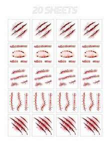 20pcs Halloween Temporary Tattoo Stickers, Matte Non-Reflective Realistic Blood Scar Stitch Wound Fake Tattoos, Waterproof Body Art Stickers For Halloween Costume Party Makeup - Red - View 9