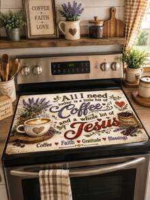 1pc 2D Christian Coffee Themed Stove Top Cover, Easy To Clean, Durable For Kitchen Appliances, Stain-Resistant, Machine-Washable, Universal For Living Room, Bedroom, Office, Kitchen Essentials, Kitchen Decor, Home Decor - Multicolor - View 1
