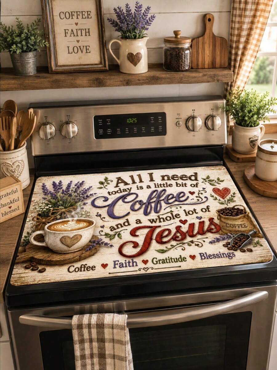 1pc 2D Christian Coffee Themed Stove Top Cover, Easy To Clean, Durable For Kitchen Appliances, Stain-Resistant, Machine-Washable, Universal For Living Room, Bedroom, Office, Kitchen Essentials, Kitchen Decor, Home Decor - Multicolor - View 1
