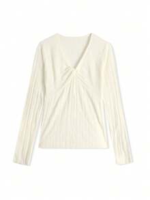 Soft Cross-Twist V-Neck Long Sleeve Ribbed Texture Base Layer Top, Skin-Friendly Commuter Innerwear - Apricot - View 3