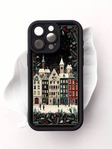 1pc Fashionable Personalized Christmas Architecture Snow Scene Aesthetic Pattern Black Perforated Thick Shockproof Anti-Fall Anti-Fingerprint Full Coverage Phone Case Compatible With IPhone 16 Pro Max/16/16 Pro/16 Plus/15/15 Pro Max/15 Pro/11/12/13/14 Pro Max/11 Pro/11 Pro Max/12 Pro/12 Pro Max/13 Pro/13 Pro Max/14 Pro/14 Pro Max Soft Shell Premium Creative - Multicolor - View 1