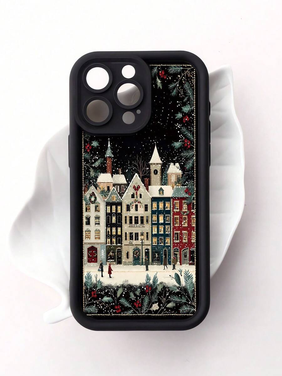 1pc Fashionable Personalized Christmas Architecture Snow Scene Aesthetic Pattern Black Perforated Thick Shockproof Anti-Fall Anti-Fingerprint Full Coverage Phone Case Compatible With IPhone 16 Pro Max/16/16 Pro/16 Plus/15/15 Pro Max/15 Pro/11/12/13/14 Pro Max/11 Pro/11 Pro Max/12 Pro/12 Pro Max/13 Pro/13 Pro Max/14 Pro/14 Pro Max Soft Shell Premium Creative - Multicolor - View 1