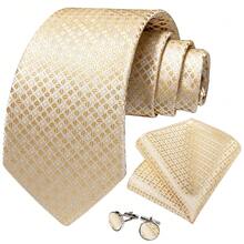 Men Champagne Plaids Fomal Necktie Hankie Cufflinks Wedding Prom Dinner - Champagne - View 3