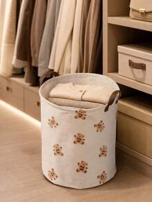 Bear Pattern Printed Foldable Laundry Basket With Laundry Clips, Home Clothing Storage Bin, Breathable Fabric Dirty Clothes Basket, Bedding Clips, Suitable For Bathroom And Bedroom - Multicolor - View 3