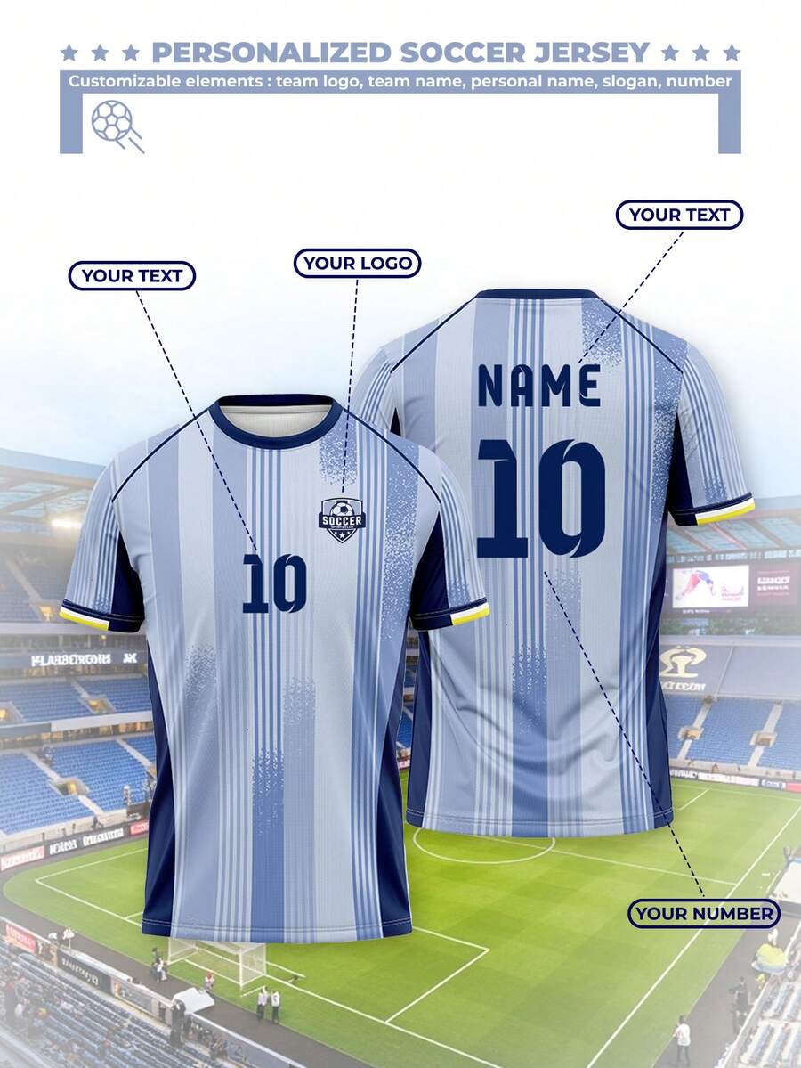 2026-27 Season Personalized Custom Men's League Football Team Jersey, Customizable Logo, Number, Team Name And Player Name T-Shirt - Blue - View 1