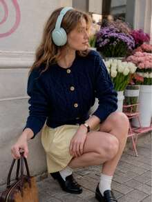 Áo cardigan len nữ cổ tròn cài nút phối màu, dệt vặn thừng phong cách vintage, thường ngày cho mùa thu/đông - Màu xanh hải quân - Xem 4