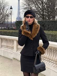 Faux Fur Collar & Cuff Trim Wool Blend Jacket, Single-Breasted Slim Fit Cropped Women's Coat - Black - View 6