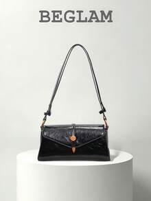 Fashion Solid Color PU Flap Shoulder Bag, Metal Decoration, Suitable For Women Shopping, Dating, Gift And Daily Use - Black - View 1
