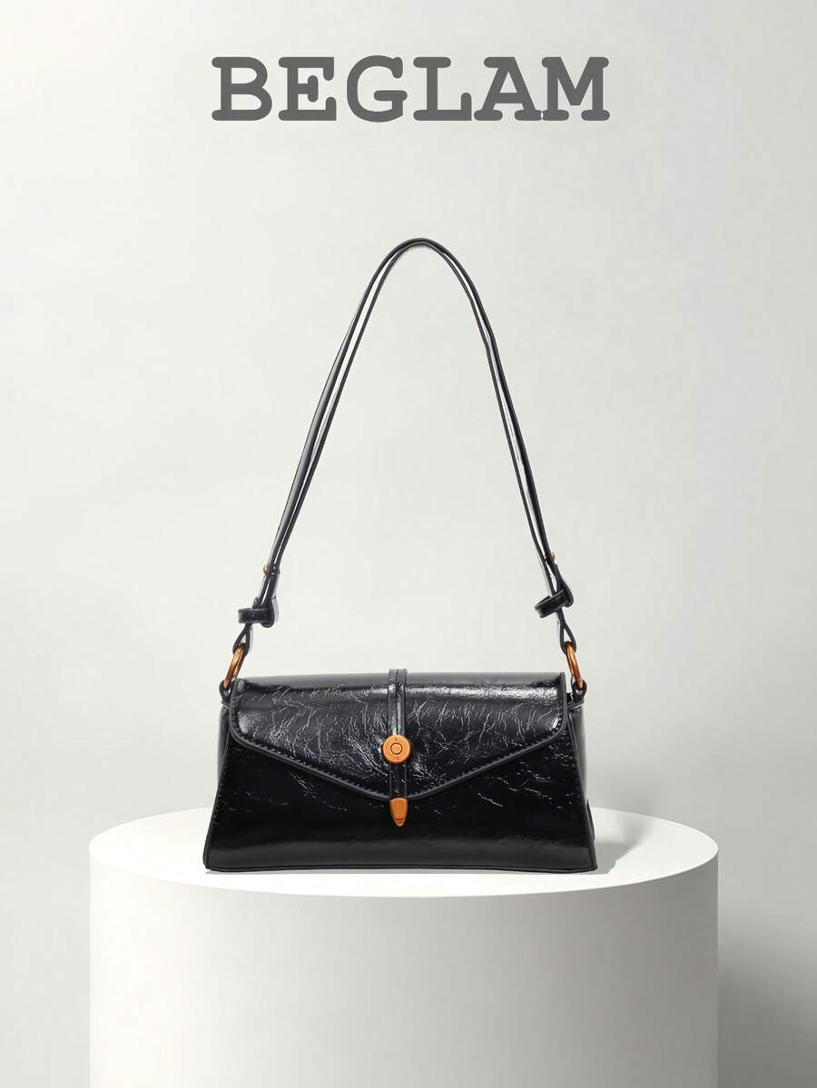 Fashion Solid Color PU Flap Shoulder Bag, Metal Decoration, Suitable For Women Shopping, Dating, Gift And Daily Use - Black - View 1