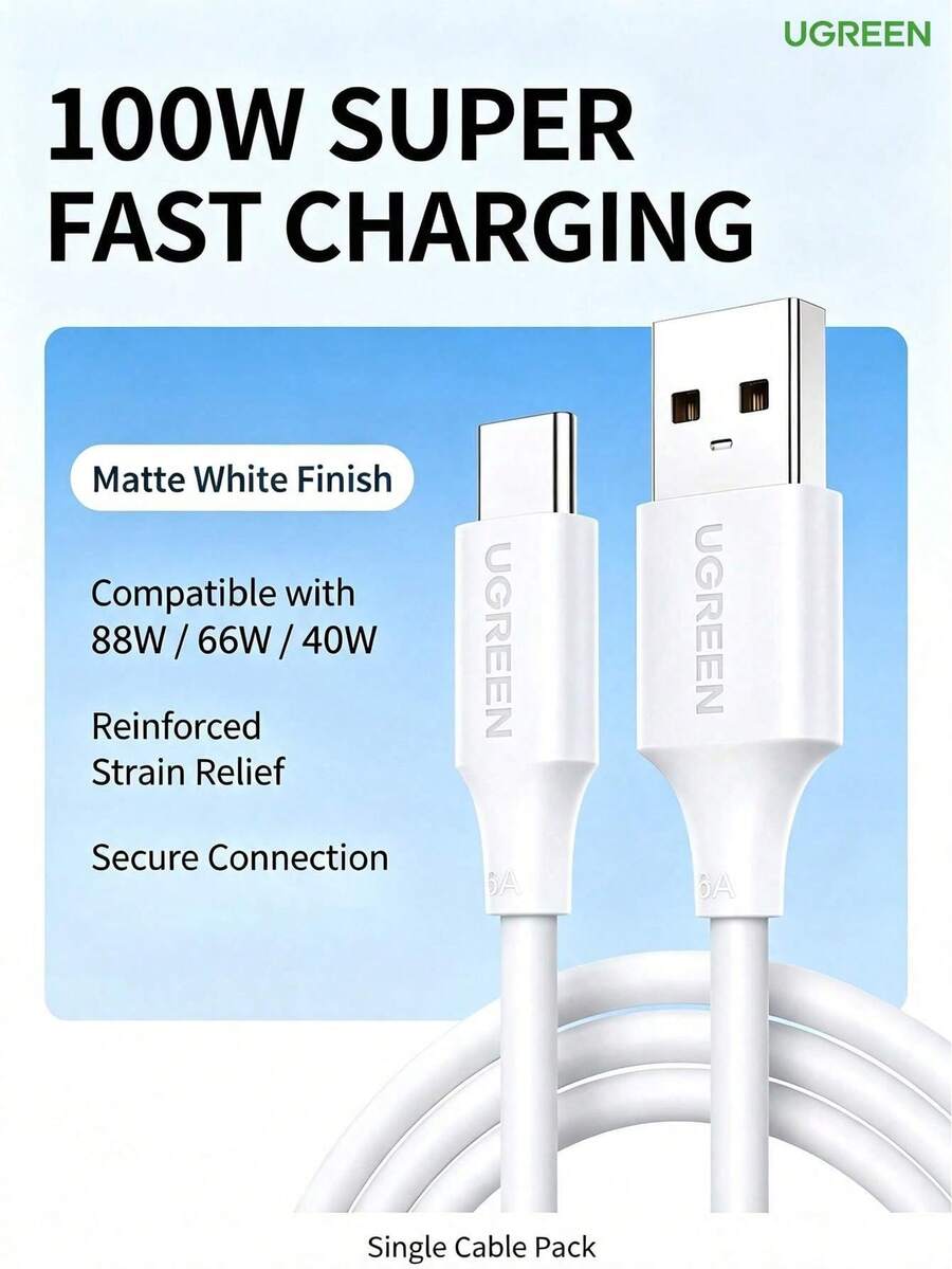 UGREEN L305 USB To Type-C Data Cable, 100W 6A Super Fast Charging, 10,000+ Bend Durability, USB 2.0 40MB/S High-Speed Data Transfer - View 1