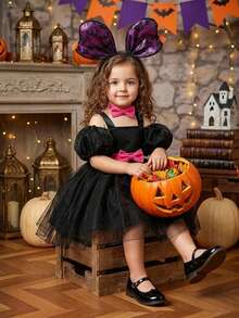 Baby Girls Big Bow Design Black Organza Cute Halloween Party Princess Dress Suitable For Ball, Does Not Include Headband And Handbag - Multicolor - View 1