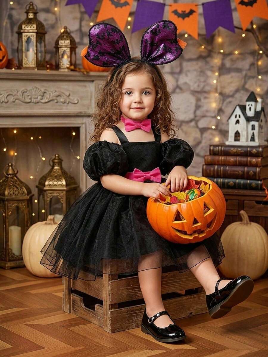 Baby Girls Big Bow Design Black Organza Cute Halloween Party Princess Dress Suitable For Ball, Does Not Include Headband And Handbag - Multicolor - View 1