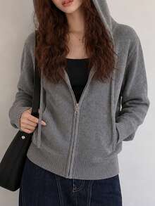 Women's Autumn/Winter Minimalist Hooded Cardigan Sweater Open Front Jacket - Grey - View 4