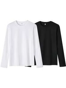 2pcs Women's Crew Neck Long Sleeve Regular Fit Loose T-Shirt, Fashionable Versatile Casual Spring/Autumn New Style Tops - Black and White - View 5