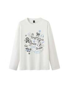 Cute Sweet Cartoon Fun Print T-Shirt Women, Loose Fit, Pure Cotton Round Neck Autumn Long Sleeve Base Layer - White - View 6